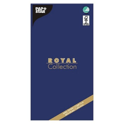 Duken "ROYAL Collection" 120 cm x 180 cm från PAPSTAR GmbH, Tissue, presenteras i en mörkblå förpackning med guld-vit branding samt en grön certifieringslogotyp – och erbjuder därmed en elegant och högkvalitativ bordsdekoration för varje tillfälle.