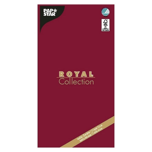 Ett kastanjebrunt rektangulärt paket med texten "PAPSTAR duk, Tissue ROYAL Collection 120 cm x 180 cm" från PAPSTAR GmbH har guld-vit text, en blå rund etikett och en svart-vit certifieringslogotyp – idealisk för varje bordsdekoration.