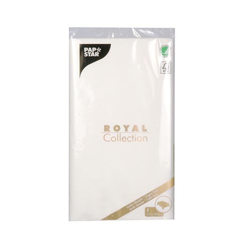En förseglad duk från PAPSTAR GmbH, Tissue "ROYAL Collection" (120 cm x 180 cm), bär namnet och produktinformationen för ROYAL Collection i svart och guld – perfekt att kombinera med matchande kvalitetsservetter.