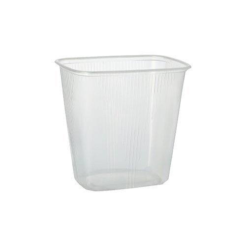 Starpak 100 förpackningsbägare, PP fyrkantig transparent, är en 250 ml klar, rektangulär behållare med lätt rundade kanter och vertikala räfflor - perfekt för förvaring av livsmedel. Här avbildad på vit bakgrund.