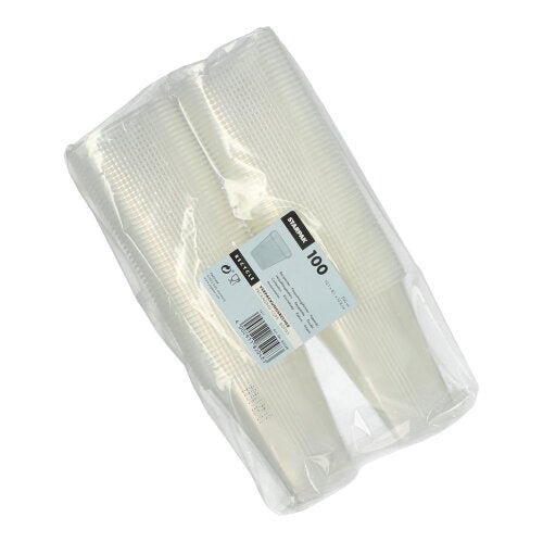 Avbildad är en förseglad förpackning med 100 Starpak förpackningsbägare, PP fyrkantig transparent (250 ml), med en vit produktetikett - perfekt för livsmedelsförvaring.