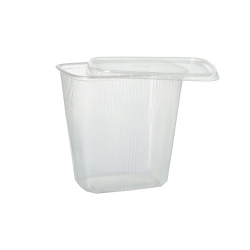 Starpak 100 förpackningsbägare är en klar, rektangulär 250 ml livsmedelsbehållare av PP med passande lock, som är lätt öppnad på en enkel vit bakgrund. Idealisk för livsmedelsförvaring.