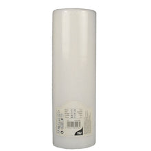 Ett vitt PAPSTAR blockljus Ø 80 mm med platt topp (250 mm lång, krympfolie, 1 styck) från PAPSTAR GmbH står oanvänt med slät yta och etikett vid basen.