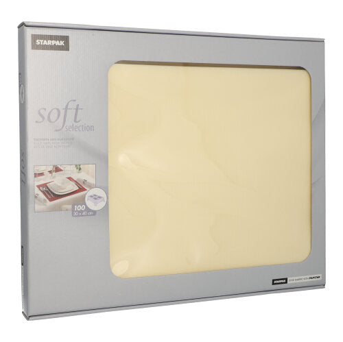 En låda Starpak Soft Selection bordsunderlägg av tyg-liknande fleece innehåller 100 krämfärgade set i formatet 30 x 40 cm. Den delvis genomskinliga förpackningen visar detaljer - idealisk för elegant bordsdekoration eller matchande servetter.