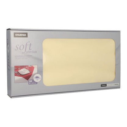 Starpak "Soft Selection" boxen innehåller 20 krämfärgade, 80x80 cm stora, tygliknande fleece-mittdukar för gastronomi, med klart fönster och tryckta frontdetaljer.
