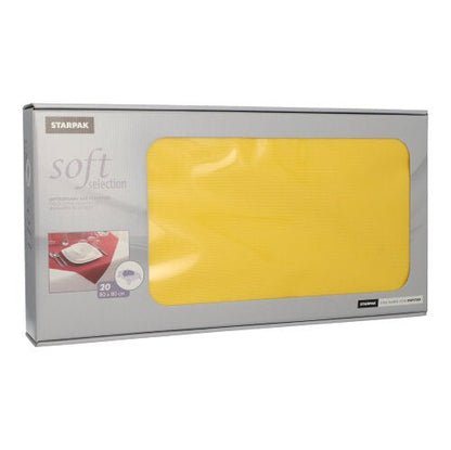 En rektangulär Starpak-låda innehåller 20 "Soft Selection"-mittdukar av tygliknande fleece i formatet 80 x 80 cm. Genom ett fönster är en gul servett synlig, och förpackningen visar ett motiv av ett dukat bord.