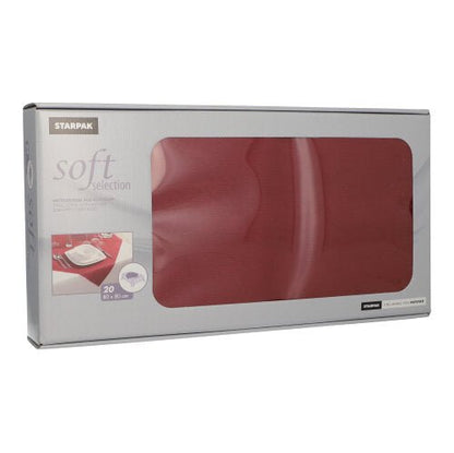 Avbildad är en rektangulär låda med 20 Starpak Mitteldecken "Soft Selection" 80x80cm, tygliknande fleece. Den grå förpackningen har ett fönster med servetterna och ett matbordsmotiv, idealisk för gastronomiområdet.