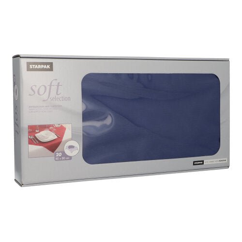 En rektangulär låda med 20 tygliknande mittdukar av fleece "Soft Selection" från Starpak (80 x 80 cm) har ett fönster med blå servetter. Den övervägande grå förpackningen visar produktinformation och ett gastronomiskt bordsduk.
