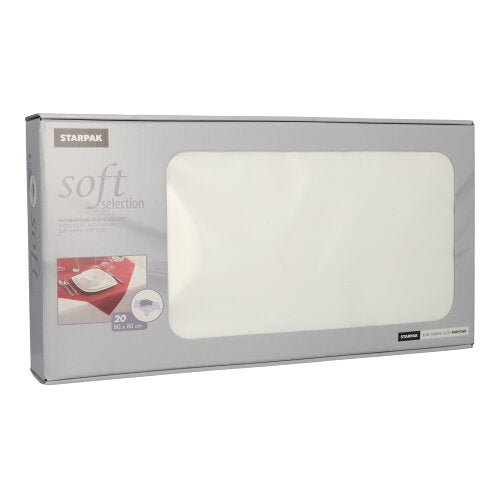 Starpak 20 Mitteldecken "soft selection", tygliknande från fleece (80x80 cm), kommer i en övervägande grå box med stort transparent fönster genom vilket de vita servetterna är synliga; idealisk för gastronomi, med produktinformation på framsidan.