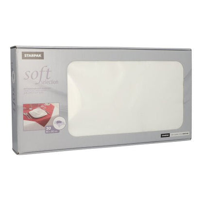 Starpak "Soft Selection" boxen innehåller 20 vita, tygliknande fleece-mittdukar (80 x 80 cm), synliga genom ett klart fönster – idealisk för gastronomi.