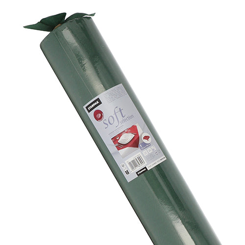 En rulle Starpak bordsduk, tyg-liknande, fleece "Soft Selection" med tyg-liknande känsla. Med grönt design, varumärkesinformation, streckkod och bild av ett dukat bord för en högkvalitativ look. Märke: Starpak.