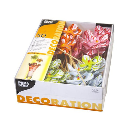 En låda med 50 PAPSTAR dekorationsstickor "Väderkvarn" (17,5 cm, färgsorterad) i en papperstråg, idealisk som partydekoration för drycker. Förpackningen är märkt med texten "DECORATION" från PAPSTAR GmbH och en bild av dekorerade drycker.