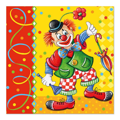 Ein Cartoon-Clown mit orangefarbenen Haaren, roter Nase und großen Schuhen steht auf einem bunten Hintergrund. Er hält ein blaues Horn und 100 PAPSTAR Servietten (3-lagig, 33x33cm) der PAPSTAR GmbH sowie einen gestreiften Regenschirm in der Hand. Der Clown trägt eine Fliege und einen Hut mit Blumenspitze.
