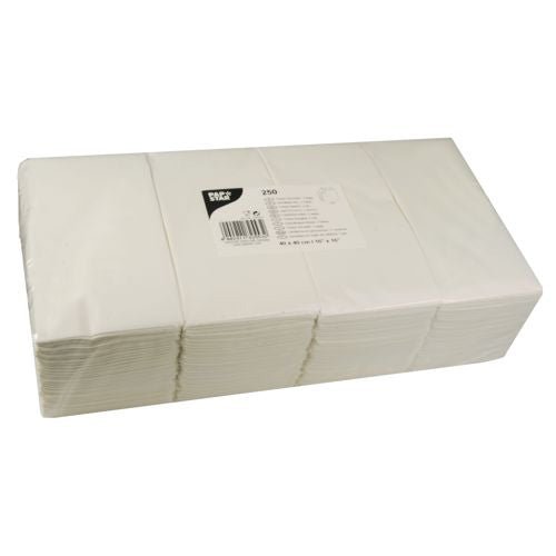 En stapel vikta vita PAPSTAR GmbH-servetter 1/8-fals, 40x40 cm, 2-lager (250 stycken), förpackade i klar plast med en vit etikett med produktinformation och streckkod.