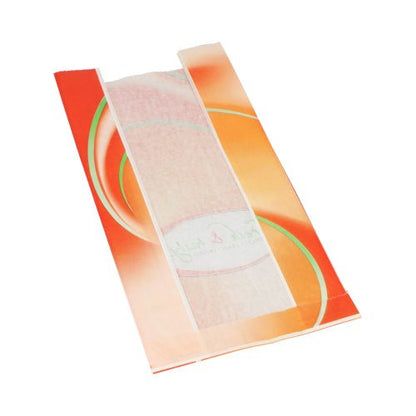En vit Starpak-siktremsväska "Fresh & Tasty" (33 x 16 x 8,7 cm) med orange-gul design visar sitt innehåll genom ett centralt transparent fönster. Förpackningen innehåller 1000 påsar i krympplast.
