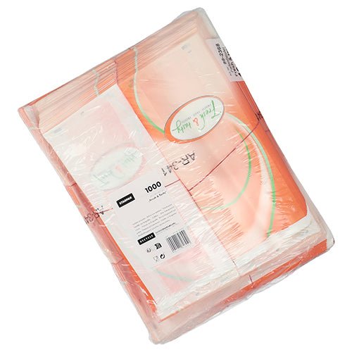 En lufttät krympplastförpackning från Starpak innehåller 1.000 vita siktremsväskor (33x16x8,7 cm) med trycket "Fresh & Tasty". Produktinformation och streckkod är synliga på utsidan.