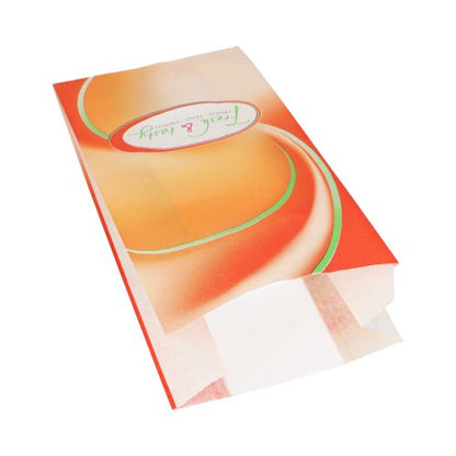 En Starpak 1000 siktremsväska (33x16x8,7 cm) i vitt med "Fresh & Tasty"-design ligger platt och öppen på vit bakgrund, idealisk för livsmedelsförvaring. Från krympplast. Förpackningen innehåller 1000 påsar.