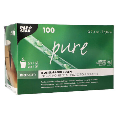 En grön-vit dispenserkartong från PAPSTAR GmbH innehåller 100 "rena" bruna banderoller för varm dryckeskopp (Ø 7,3 cm), med produktinformation och symboler på förpackningen.