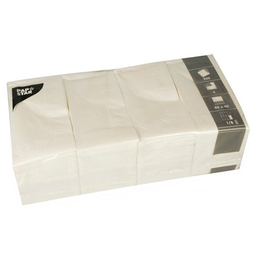 En genomskinlig plastförpackning innehåller 250 vikta, vita PAPSTAR GmbH 3-lagers servetter (40x40 cm). Den svart-grå etiketten visar piktogram för kvantitet och storlek och bekräftar att de är idealiska för fester.