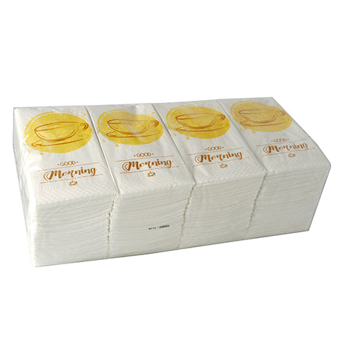 En stapel PAPSTAR 250 servetter, 3-lager 1/8-vikning av PAPSTAR GmbH, vardera 33 x 33 cm stora, med ett guldigt tekopp och "Good Morning"-motiv, är förpackade i en genomskinlig plastförpackning.