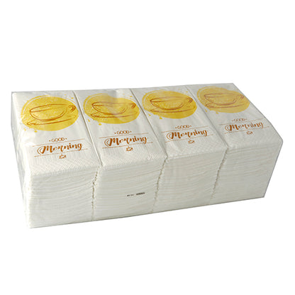 En stapel PAPSTAR 250 servetter, 3-lager 1/8-vikning av PAPSTAR GmbH, vardera 33 x 33 cm stora, med ett guldigt tekopp och "Good Morning"-motiv, är förpackade i en genomskinlig plastförpackning.