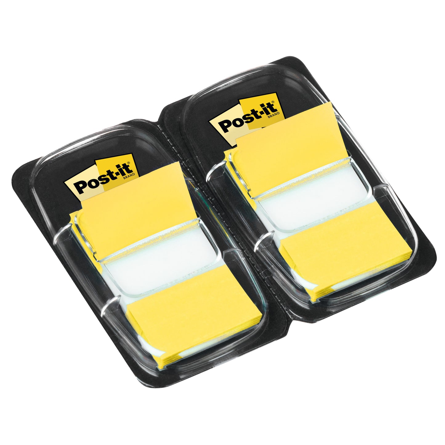 Två förpackningar med 3M Post-it® Indexflikar, standard (25,4 mm x 43,2 mm, 50 stycken per dispenser), levereras i en svart plastbehållare, var och en med rektangulära, användningsklara flikar.