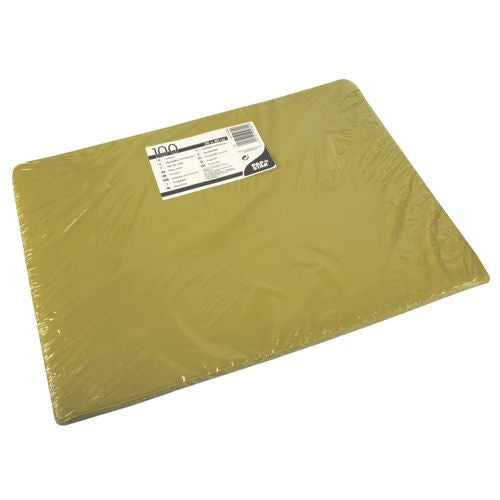 Ett 100-pack gula A4-pappersunderlägg (30x40 cm) från PAPSTAR GmbH, förpackat i klar plast med en vit-svart informationsetikett - perfekt för pappersunderlägg eller miljövänliga hantverksprojekt.