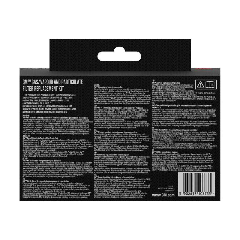 Baksidan av en kartong från 3M Deutschland GmbH med information om 3M™ partikelfilter 5935, P3 (2 par/förpackning) + filterhållare 501 (1 par/förpackning), med produktinformation, bruksanvisning och streckkod i vitt på svart.