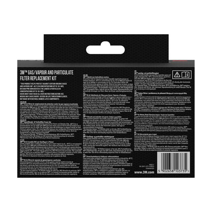 Baksidan av en kartong från 3M Deutschland GmbH med information om 3M™ partikelfilter 5935, P3 (2 par/förpackning) + filterhållare 501 (1 par/förpackning), med produktinformation, bruksanvisning och streckkod i vitt på svart.