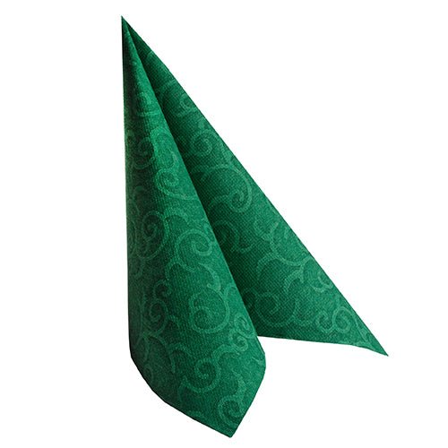Den gröna servetten "ROYAL Collection" från PAPSTAR GmbH (40 x 40 cm, 1/4-vikt) med präglat virvelmönster är vikt vertikalt till en triangel på vit bakgrund - idealisk för festliga tillfällen.