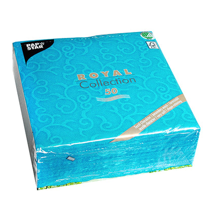50er-Pack türkis PAPSTAR Servietten "ROYAL Collection" (40 x 40 cm, 1/4-Falz) der PAPSTAR GmbH, mit dezentem Wirbelmuster und umweltfreundlicher, FSC-zertifizierter Verpackung.