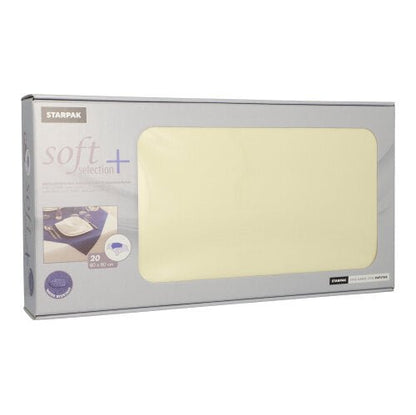 En låda med 20 Starpak-mittdukar, tygaktig, fleece ”Soft Selection Plus” (80 x 80 cm), är märkt med logotyp och har ett klart fönster, genom vilket de krämfärgade servetterna inuti är synliga.