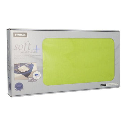 En rektangulär Starpak-låda med stort fönster presenterar 20 Soft Selection Plus fleece-mittdukar, vardera 80 x 80 cm, tyg-liknande, idealiska för bordsdekorationer.
