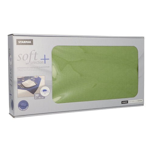 Visas är en Starpak-låda med 20 mittduksservetter ”Soft Selection Plus” av tyg-liknande fleece (80 x 80 cm) med ett transparent fönster genom vilket servetterna inuti är synliga.