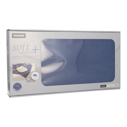 En rektangulär låda med 20 Starpak-mittdukar, tygaktig, fleece "soft selection plus" (80x80 cm) med stort transparent fönster, genom vilket blå servetter är synliga. Produktspecifikationer och mängden (20 stycken) anges på lådan.