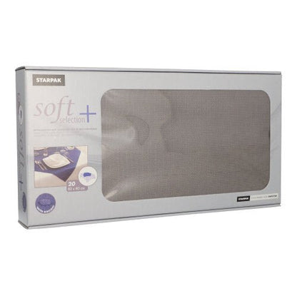 En rektangulär kartong med texten ”Starpak 20 mittdukar, tyg-liknande, fleece soft selection plus 80 x 80 cm” visar den övervägande grå förpackningen med ett transparent fönster genom vilket de inuti befintliga soft selection plus mittdukarna är synliga.
