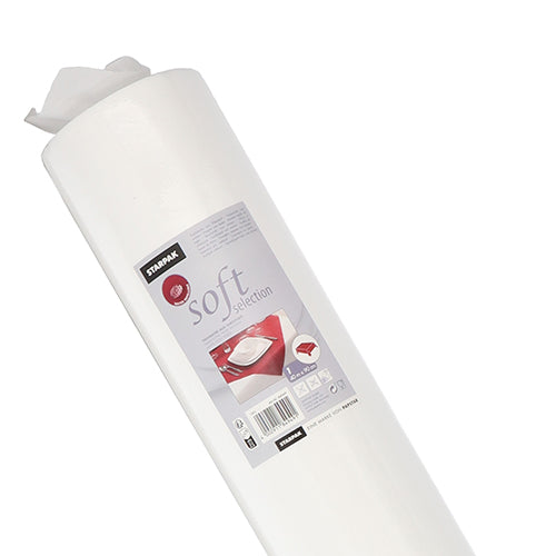 En rulle Starpak bordsduk, tyg-liknande fleece "Soft Selection". Förpackningen visar varumärket, produktdetaljer och symboler, med en bild av en vikt servett på en röd tallrik för en högkvalitativ touch.