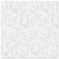 Die PAPSTAR GmbH 50 Servietten "ROYAL Collection" 1/4-Falz 40 x 40 cm in weiß zeigen ein elegantes, hellgraues Blumen- und Blätterwirbelmuster gleichmäßig verteilt auf einem unifarbenen weißen Hintergrund.