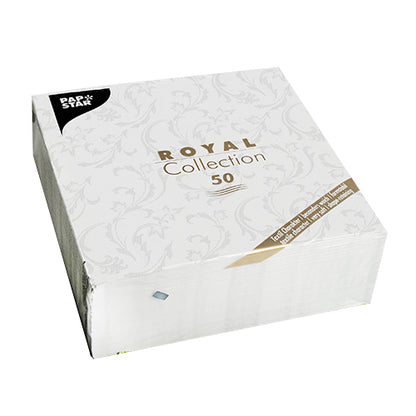 Eine Packung mit 50 PAPSTAR Servietten "ROYAL Collection" 1/4-Falz, 40 x 40 cm, weiß, von PAPSTAR GmbH. Die Verpackung ist elegant mit dezentem Muster und gold-schwarzem Schriftzug.