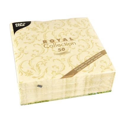 Eine Packung mit 50 PAPSTAR Servietten "ROYAL Collection" (40 x 40 cm, champagnerfarben, 1/4-fach gefaltet) der PAPSTAR GmbH, kunststoffverpackt mit einem dekorativen Muster und einem schwarzen Etikett in der linken oberen Ecke.