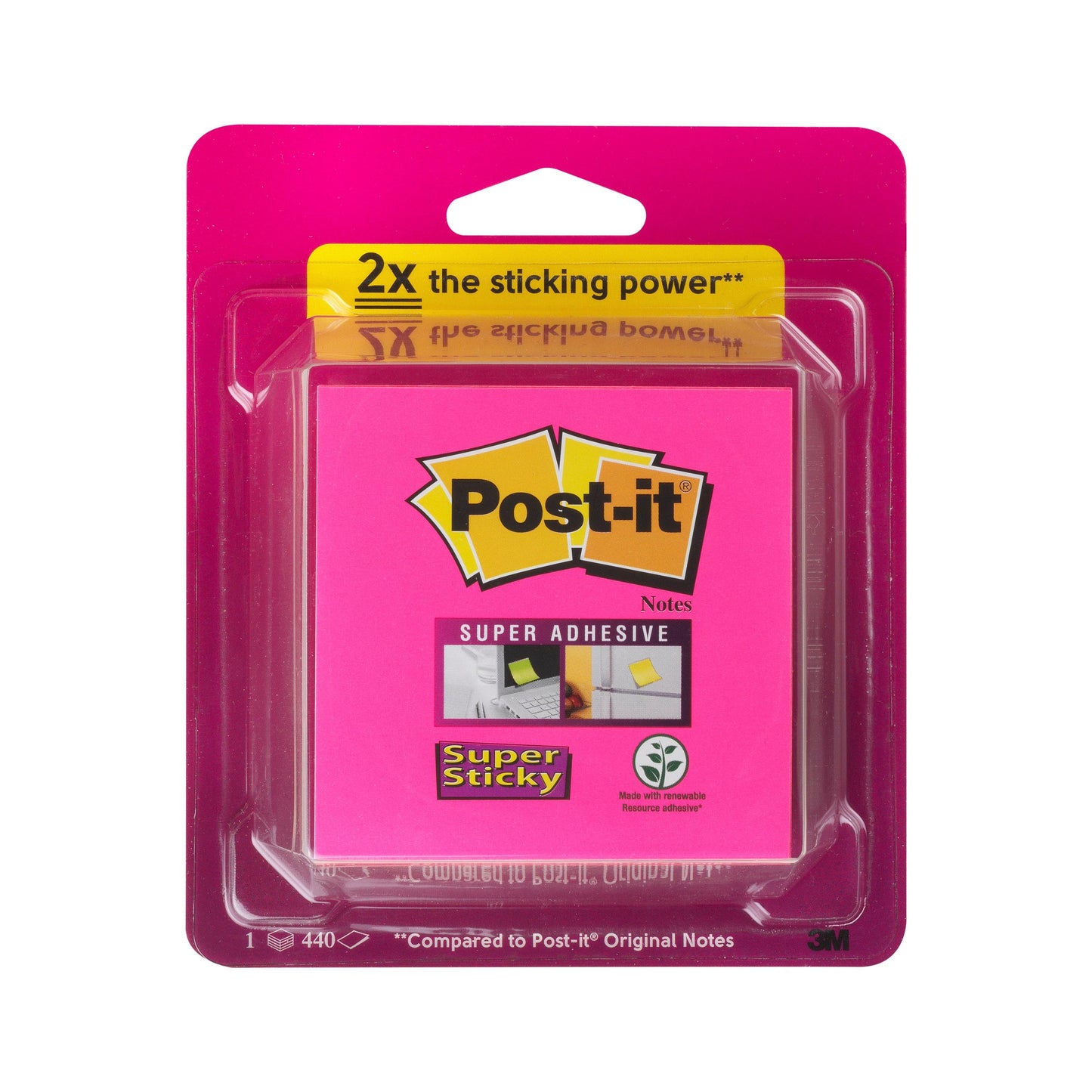 Eine Packung 3M Post-it® Super Sticky Würfel, farbig, 440 Blatt (76 x 76 mm), mit "2x starke Klebekraft", zeigt drei Beispielbilder und ein Recycling-Symbol. Hergestellt von 3M Deutschland GmbH aus 100% PEFC-zertifiziertem Papier.