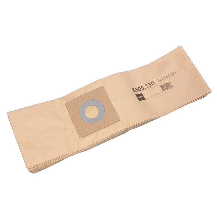 Dubbelfilter-papperssäckar från Diversey Deutschland GmbH & Co. OHG för TASKI Tapiset 70: 10 bruna papperspåsar med kartonglock, rund öppning, tryck & streckkod - pålitlig filterprestanda i praktisk kartong (10 förpackningar).