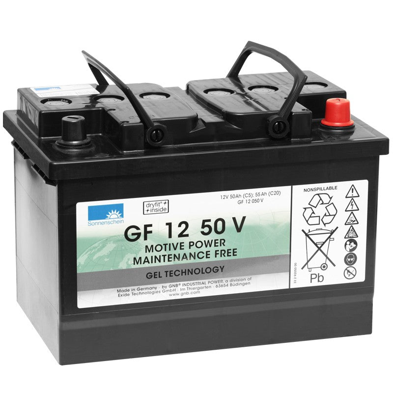 Diversey Deutschland GmbH & Co. OHG batteri-traktionsblock är ett rektangulärt, svart-grått 12V/50Ah underhållsfritt gelbatteri med bärhandtag, produktetiketter, tekniska data, säkerhetssymboler och återvinningsinformation på sidan.