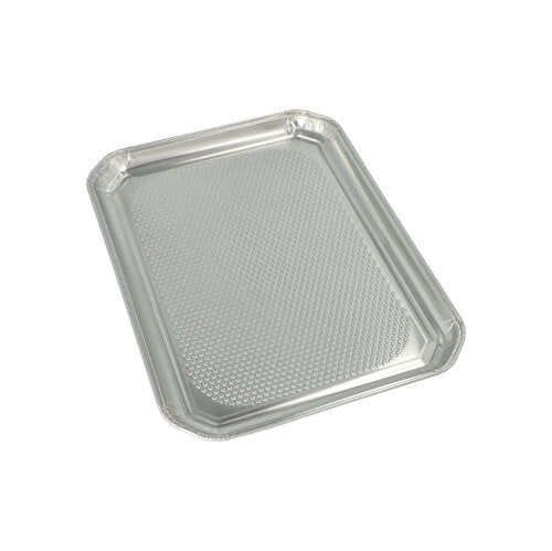 Starpak 5 serveringsfat, aluminium rektangulär 35 cm x 26 cm, är rektangulära aluminiumbrickor med lätt upphöjd kant och strukturerad undersida, idealiska för gastronomi, hygieniskt förpackade i krympfolie.