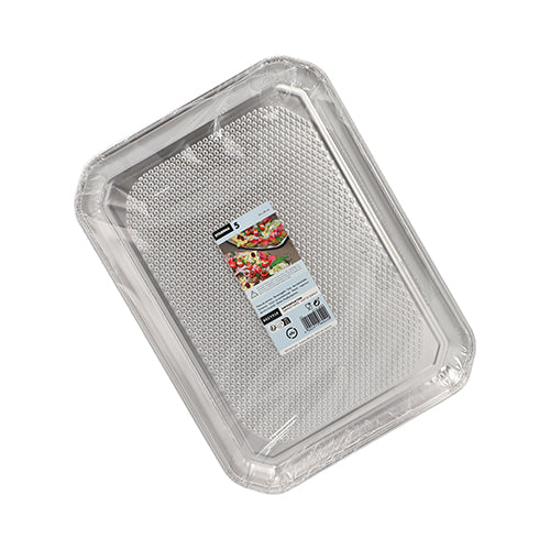 Starpak 5 serveringsfat, aluminium rektangulär 35 cm x 26 cm, är rektangulära engångsbrickor av aluminium, hygieniskt förpackade i krympfolie med en centrerad livsmedelsbildetikett, perfekt för professionell gastronomi. (5 stycken).