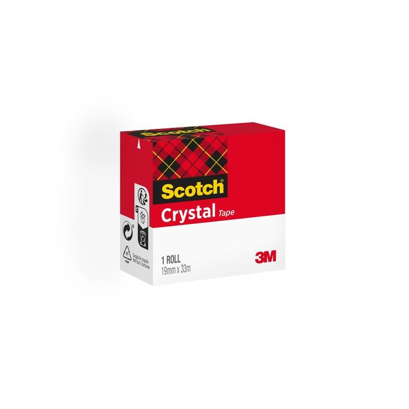 En låda Scotch® Crystal tejp från 3M Sverige AB, transparent, 1 rulle (19 mm x 33 m), med röd och vit design plus rutmönster. Återvinnings- och produktsymboler på sidan - idealisk för kontorsmaterial.