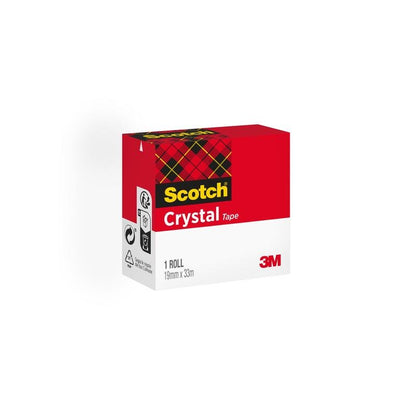 En låda Scotch® Crystal tejp från 3M Sverige AB, transparent, 1 rulle (19 mm x 33 m), med röd och vit design plus rutmönster. Återvinnings- och produktsymboler på sidan - idealisk för kontorsmaterial.