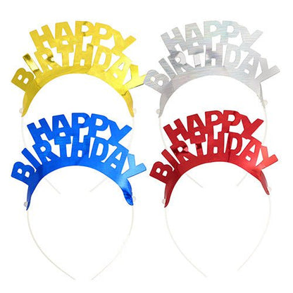 4-pack plast-hårband "Metallic" från PAPSTAR GmbH med texten "HAPPY BIRTHDAY" i gult, silver, blått och rött - perfekt för fester. Tvåradigt arrangerade. Produktnamn: PAPSTAR 4 hårband färgsorterade "Metallic".