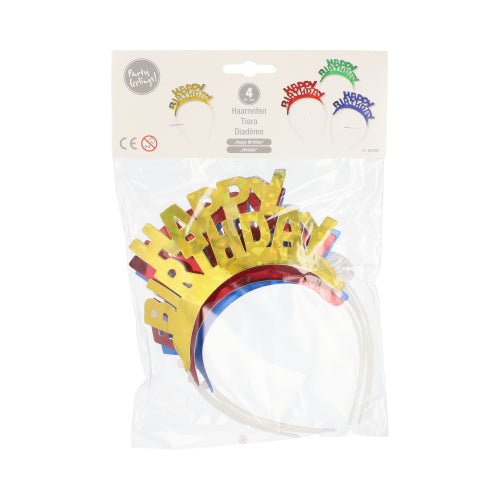 De PAPSTAR 4 hårband färgsorterade "Metallic" från PAPSTAR GmbH innehåller fyra plast-hårband med metalliska "Happy Birthday"-texter i guld, rött, blått och grönt - perfekt för fester. Klar plastförpackning med etiketterat kartonglock ingår.