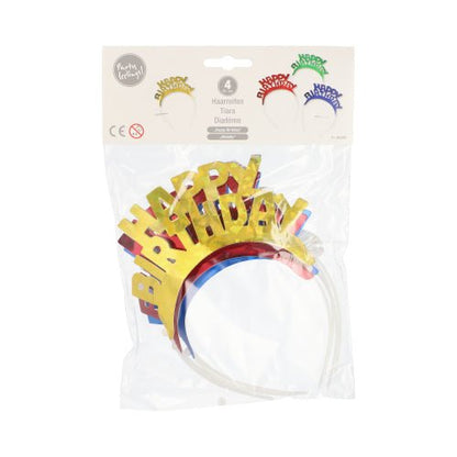 De PAPSTAR 4 hårband färgsorterade "Metallic" från PAPSTAR GmbH innehåller fyra plast-hårband med metalliska "Happy Birthday"-texter i guld, rött, blått och grönt - perfekt för fester. Klar plastförpackning med etiketterat kartonglock ingår.
